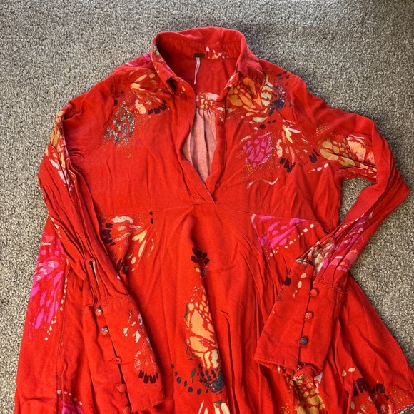 Free People tunic top womens small Red orange Butterfly Print High Low Boho - Picture 2 of 13